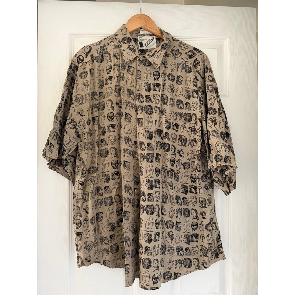 Vintage 90s Goouch Faces Button Down Short Sleeve Mens Shirt Retro